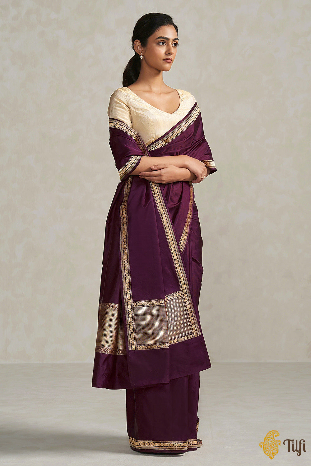 &#39;Preshti&#39; Plum Purple Pure Soft Satin Silk Banarasi Handloom Saree