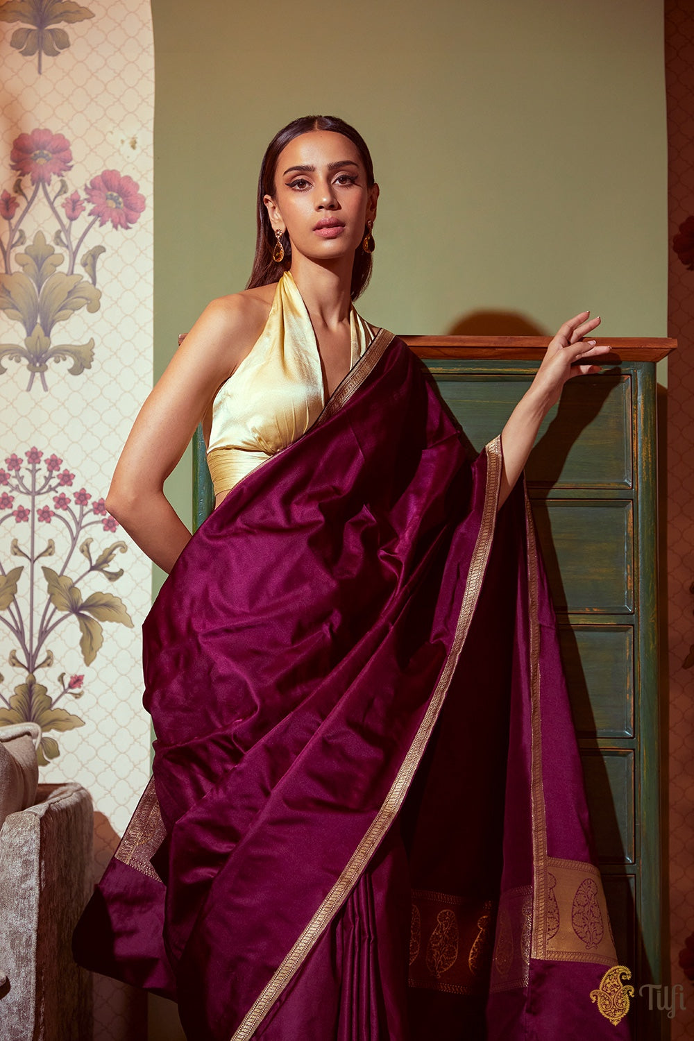 &#39;Kamakshi&#39; Deep Cherry Purple Pure Soft Satin Silk Banarasi Handloom Saree
