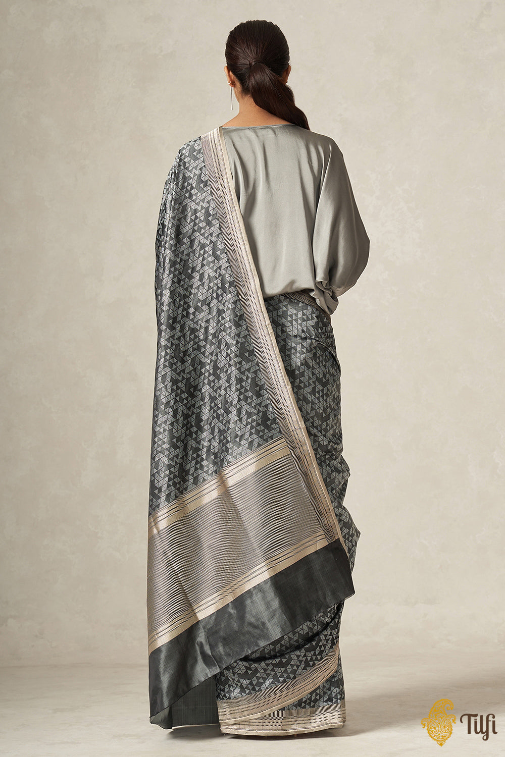 &#39;Tamara&#39; Black Pure Satin Silk Geometric Banarasi Handloom Saree