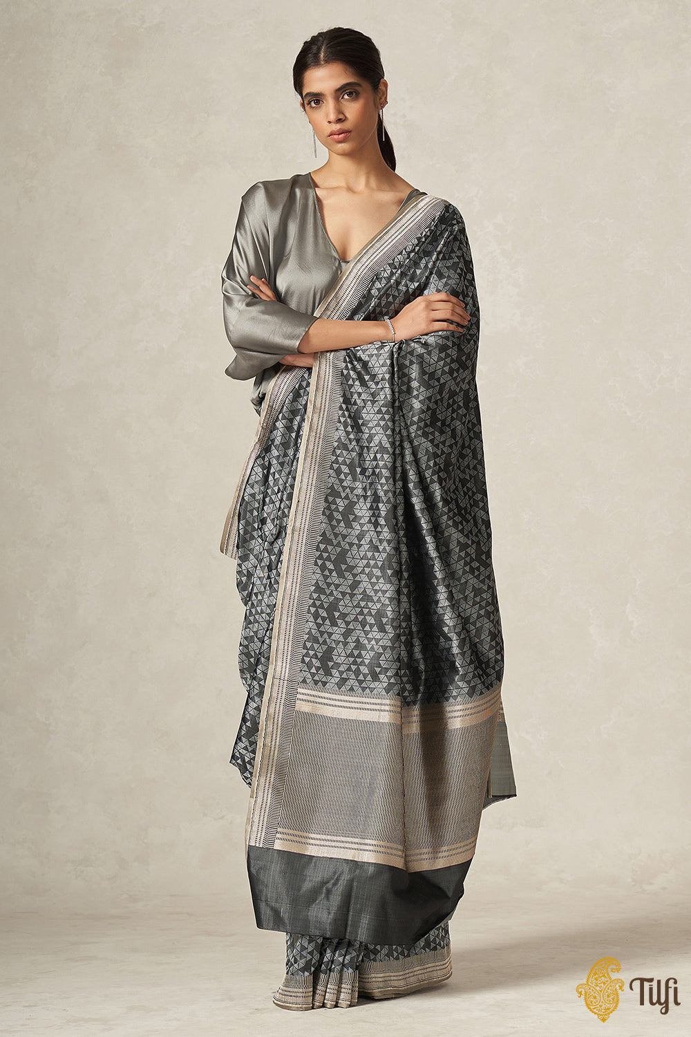 &#39;Tamara&#39; Black Pure Satin Silk Geometric Banarasi Handloom Saree