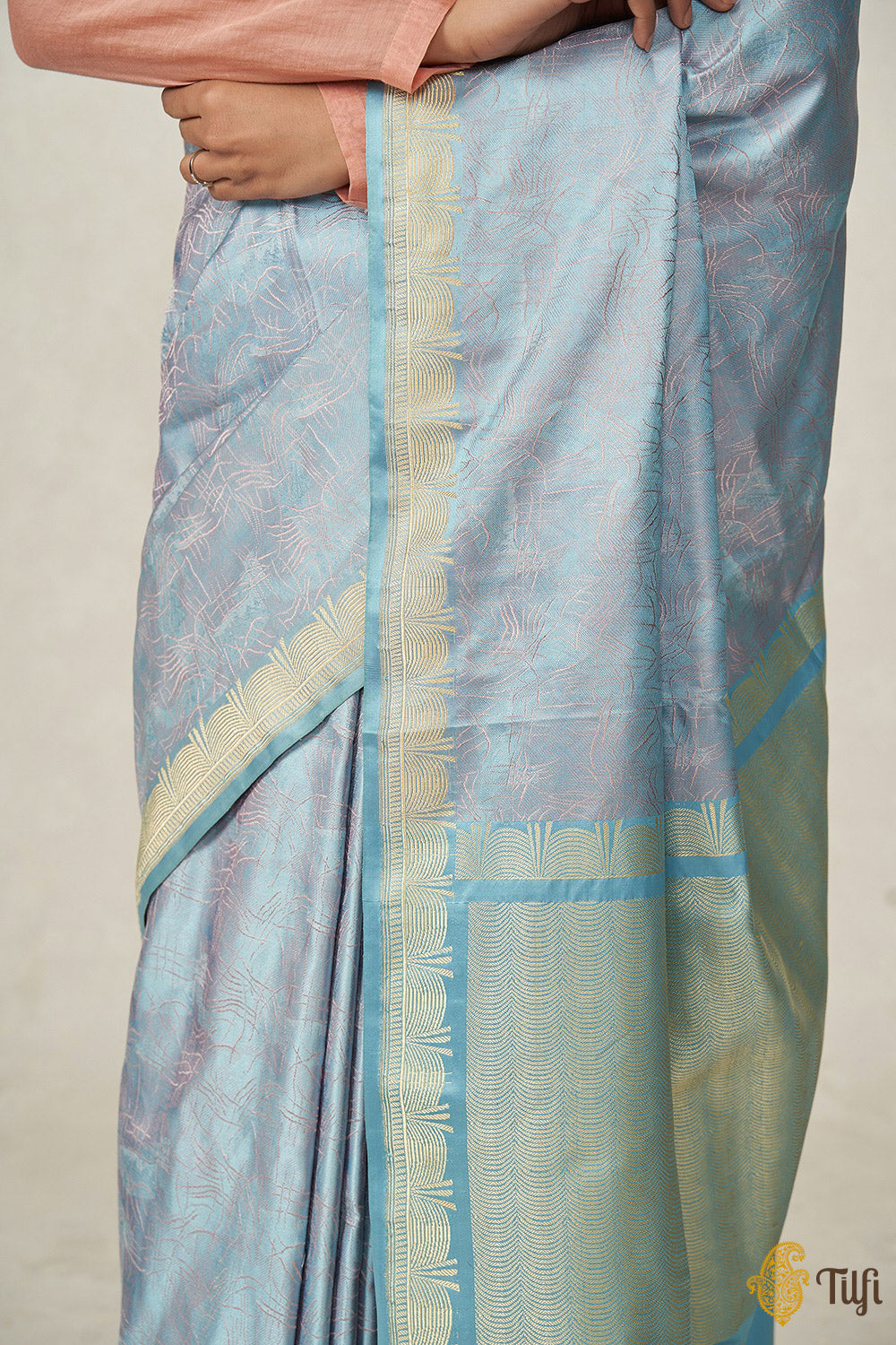 &#39;Sunayana&#39; Baby Blue Pure Soft Satin Silk Banarasi Handloom Saree