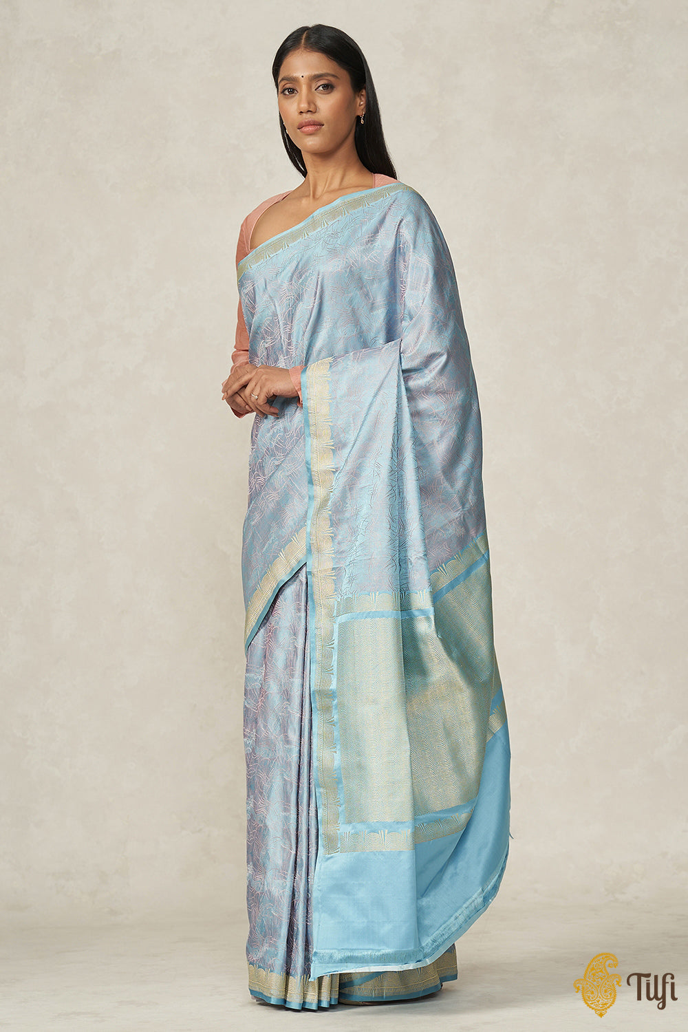 &#39;Sunayana&#39; Baby Blue Pure Soft Satin Silk Banarasi Handloom Saree