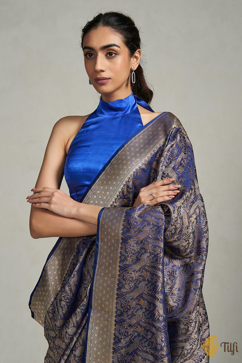 &#39;Hrutvi&#39; Blue Pure Soft Satin Silk Banarasi Handloom Saree
