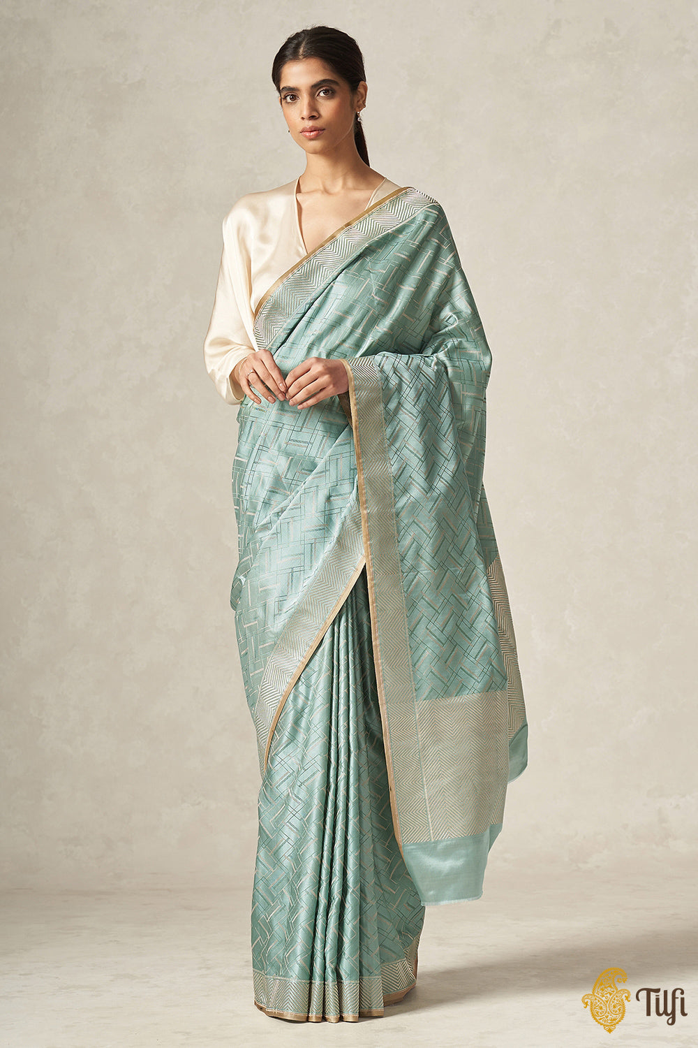 &#39;Sonia&#39; Dusty Blue Pure Soft Satin Silk Geometric Banarasi Handloom Saree