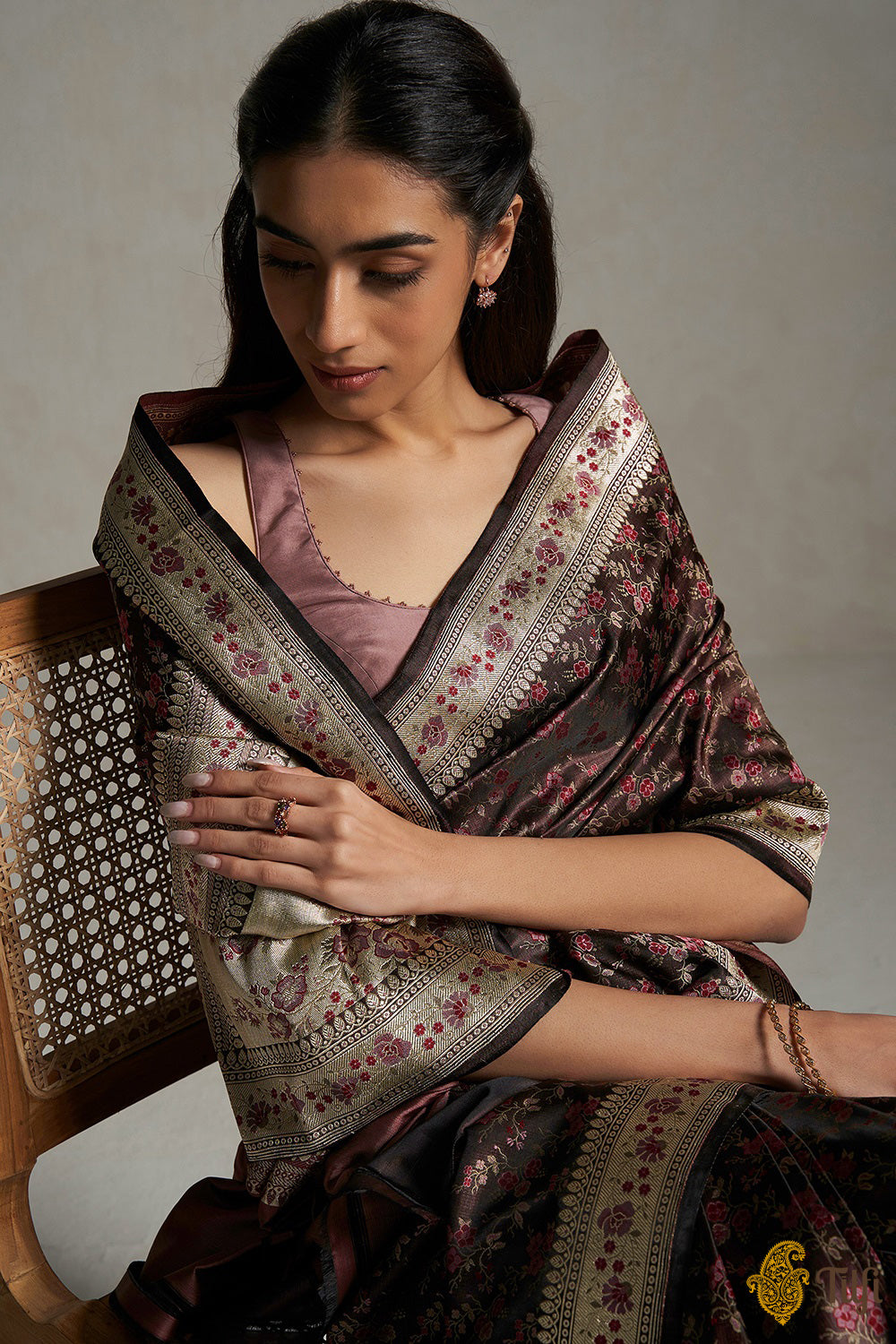 &#39;Aparajita&#39; Dark Brown Pure Soft Satin Silk Banarasi Handloom Saree