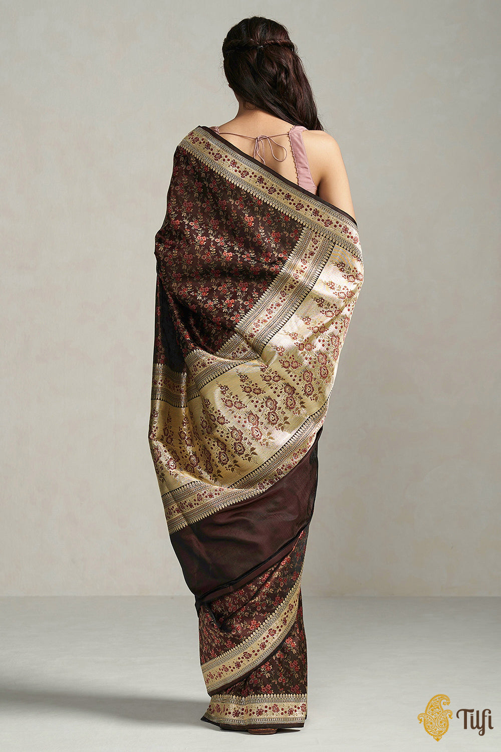 Pre-Order: &#39;Aparajita&#39; Dark Brown Pure Soft Satin Silk Banarasi Handloom Saree