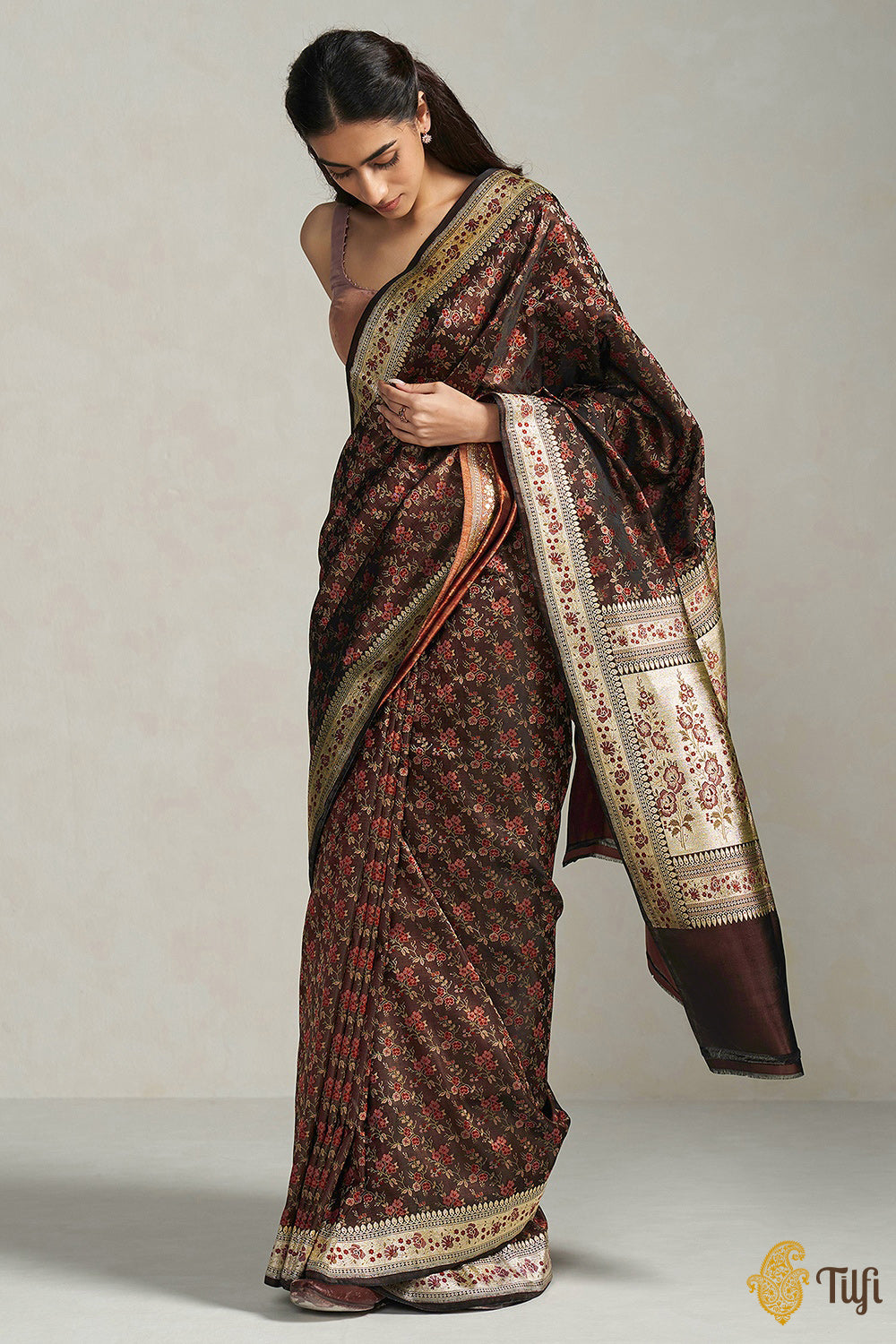Grey with Brown  Banarasi Soft Silk Saree main image 1