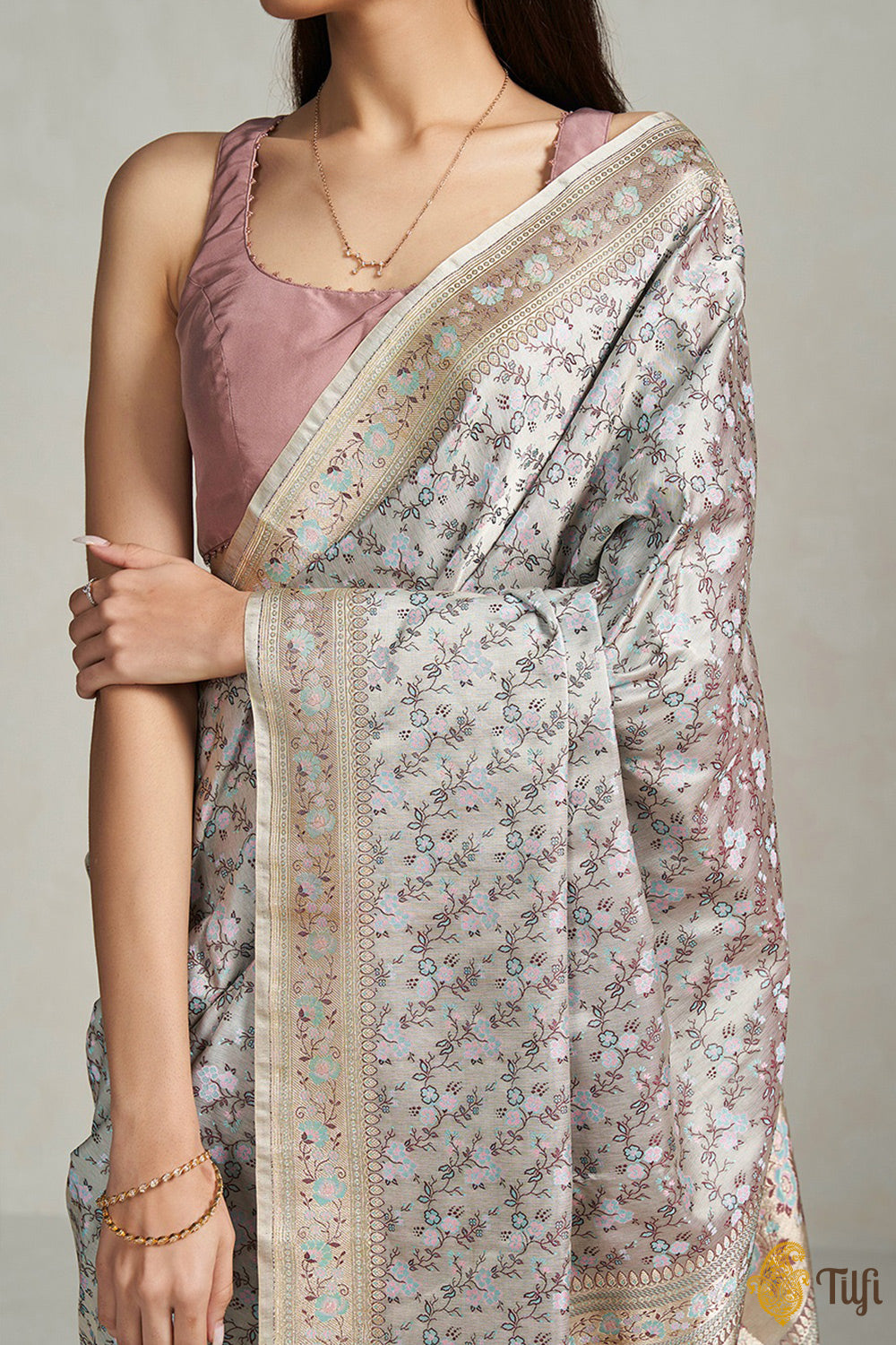 &#39;Aparajita&#39; Silver Grey Pure Soft Satin Silk Banarasi Handloom Saree