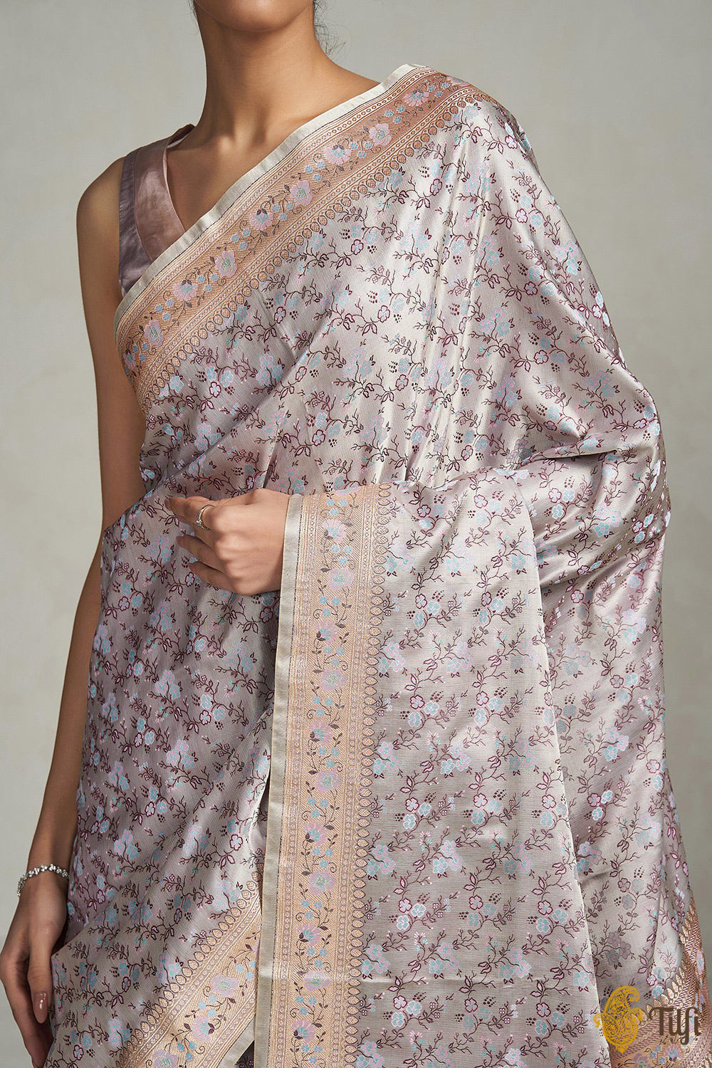 &#39;Aparajita&#39; Grey Pure Soft Satin Silk Banarasi Handloom Saree