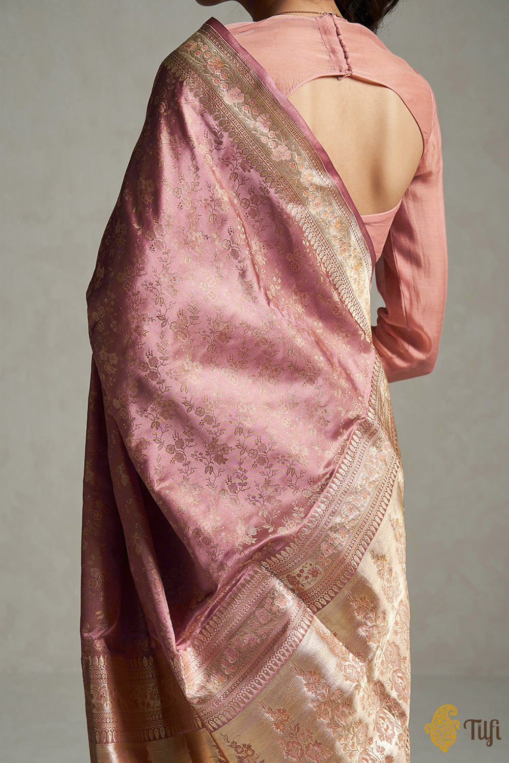 &#39;Aparajita&#39; Rosy Pink Pure Soft Satin Silk Banarasi Handloom Saree