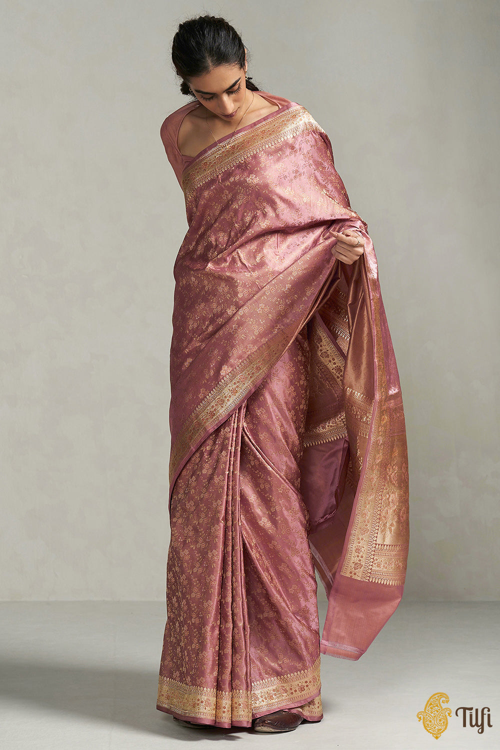 &#39;Aparajita&#39; Rosy Pink Pure Soft Satin Silk Banarasi Handloom Saree