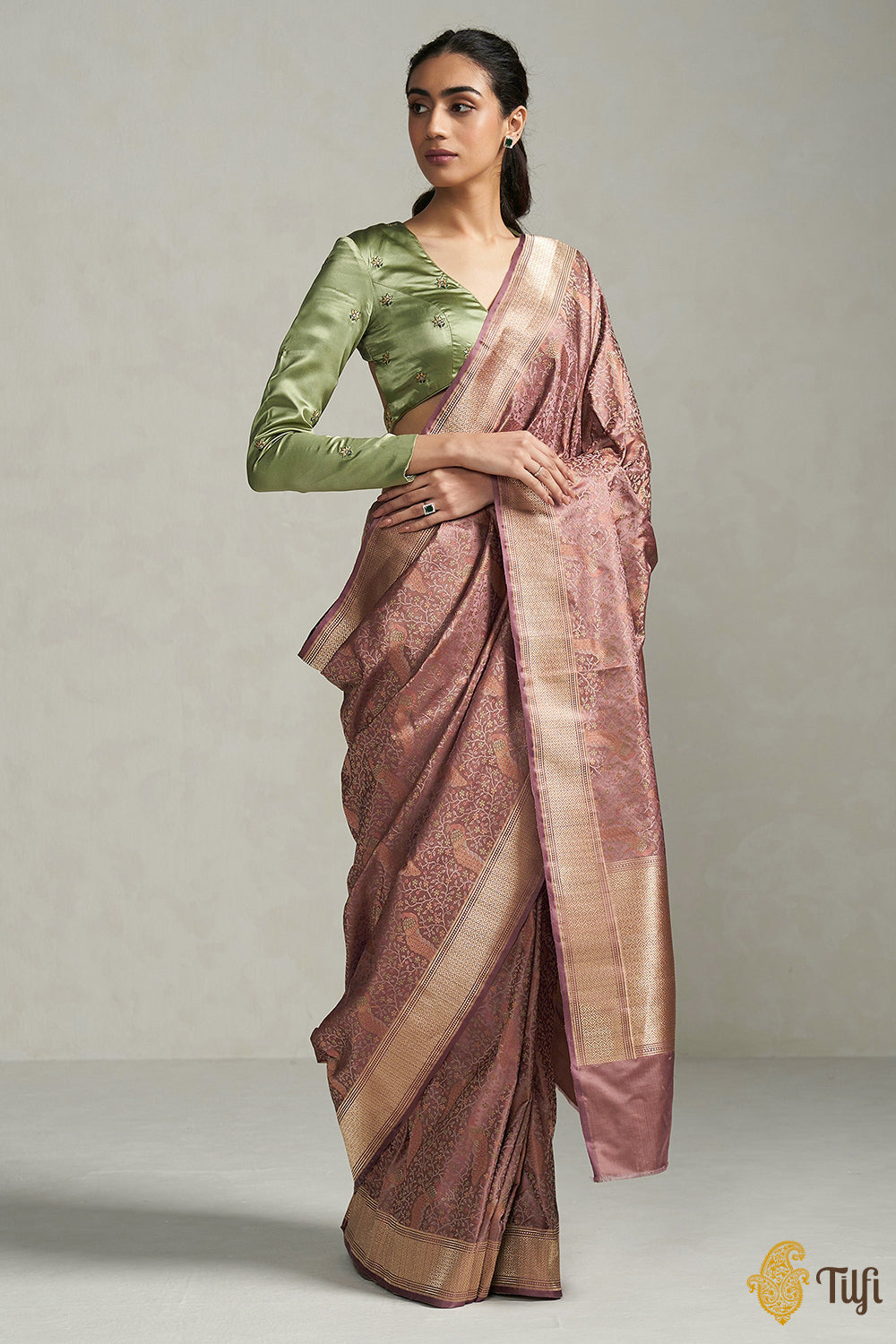 &#39;Lakshmi&#39; Old Rose Pure Soft Satin Silk Banarasi Handloom Saree