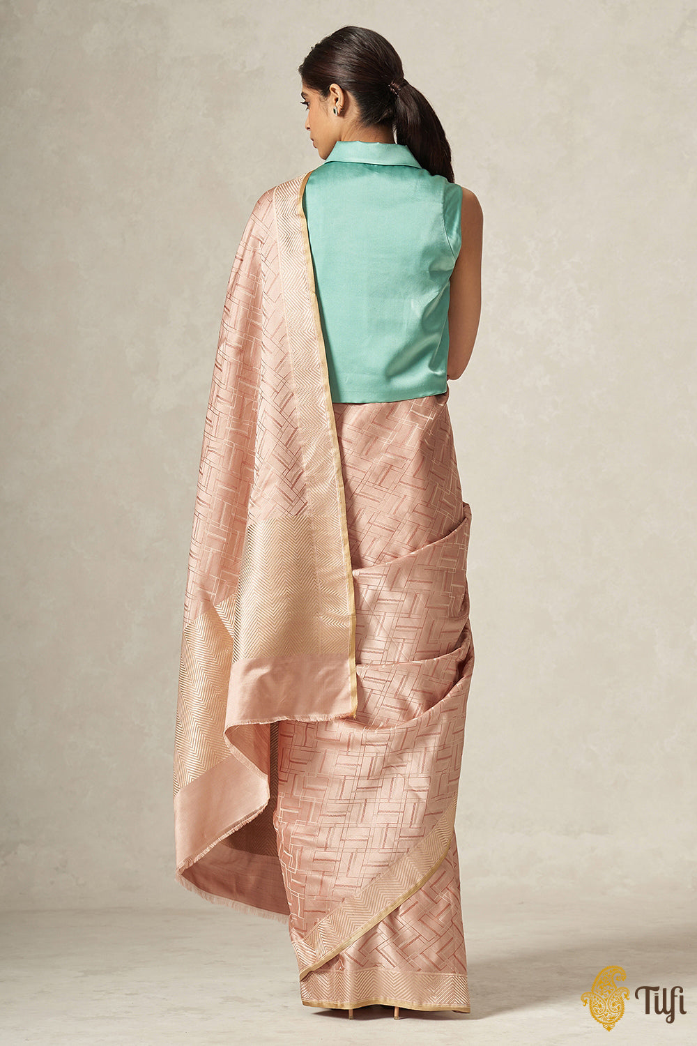 &#39;Sonia&#39; Old Rose Pure Satin Silk Geometric Banarasi Handloom Saree