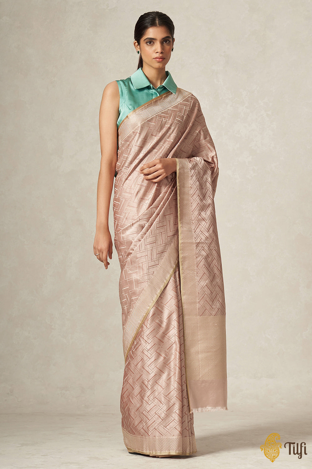 Sonia' Old Rose Pure Satin Silk Geometric Banarasi Handloom Saree - Tilfi