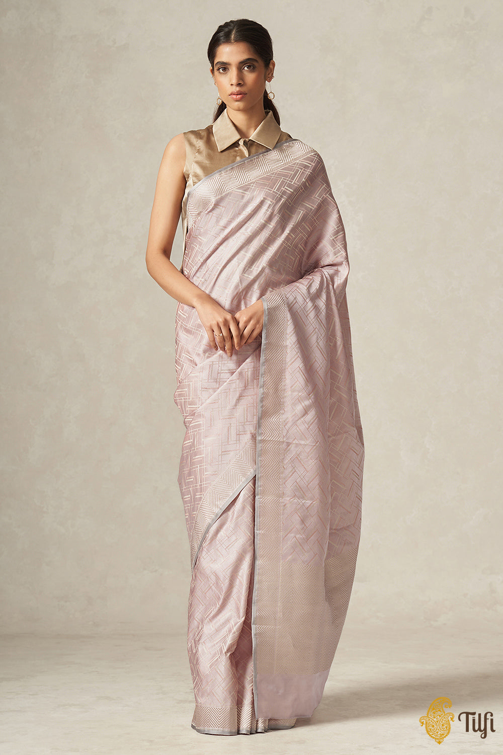 &#39;Sonia&#39; Soft Pink Pure Soft Satin Silk Banarasi Handloom Saree