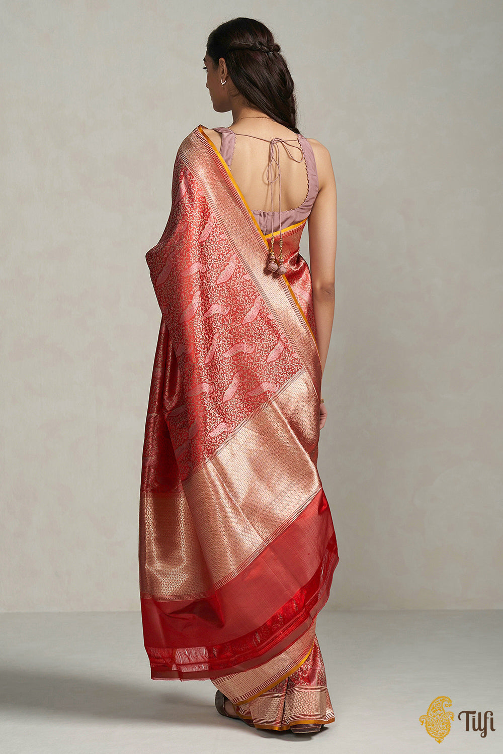 &#39;Lakshmi&#39; Red Pure Soft Satin Silk Banarasi Handloom Saree