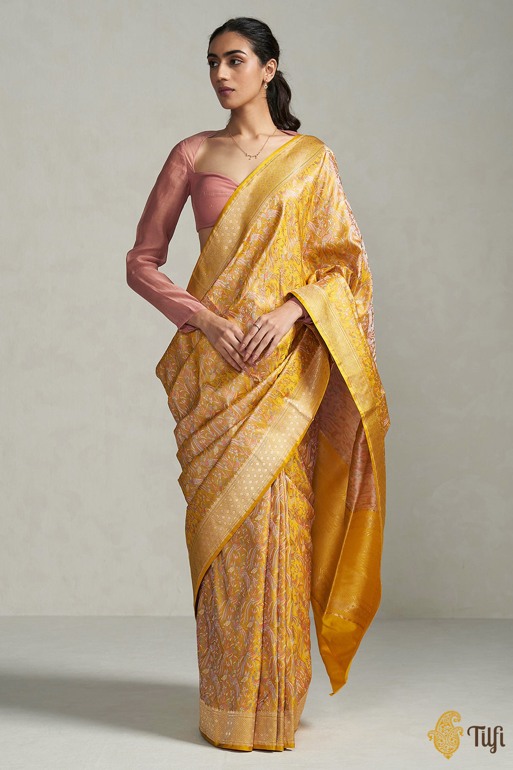 &#39;Hrutvi&#39; Yellow Pure Soft Satin Silk Banarasi Handloom Saree
