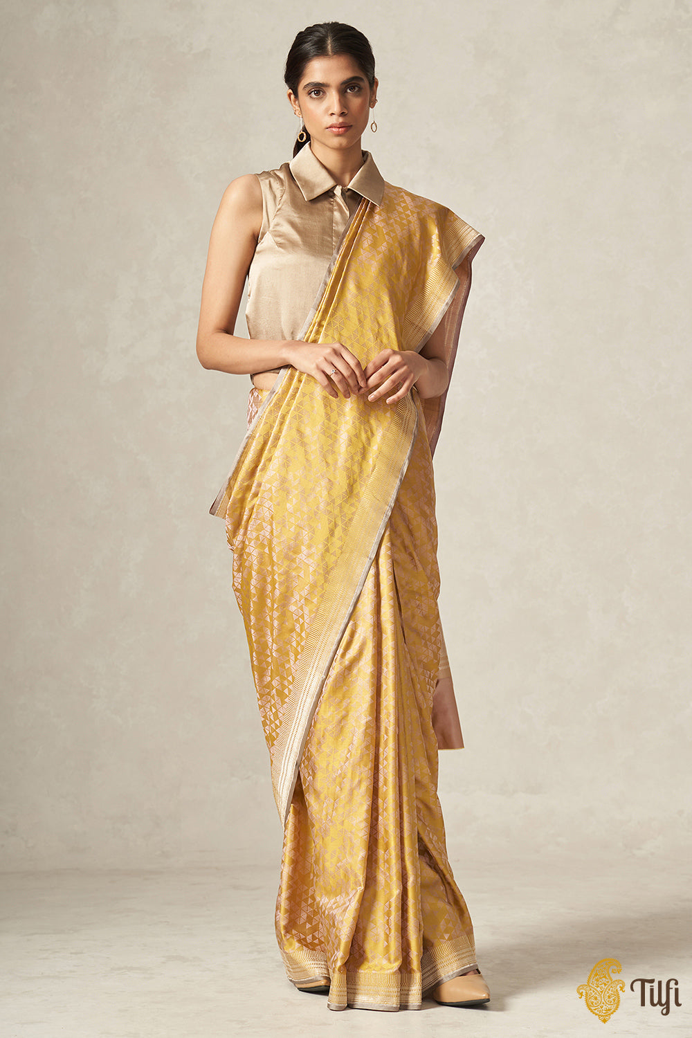 &#39;Tamara&#39; Mustard Pure Satin Silk Geometric Banarasi Handloom Saree