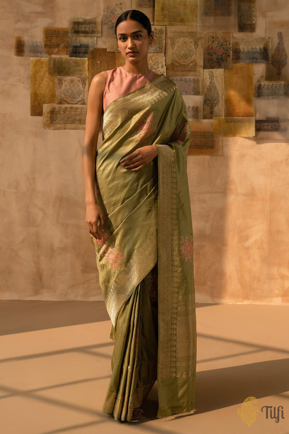 Pre-Order: &#39;Guldasta&#39; Sage Green Pure Katan Silk Banarasi Handloom Saree
