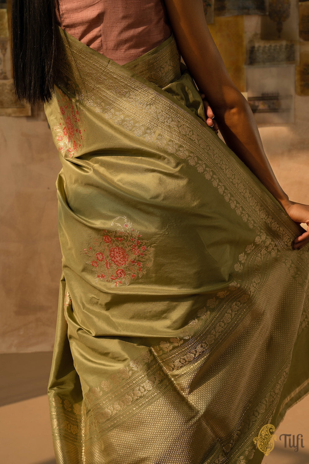 Pre-Order: &#39;Guldasta&#39; Sage Green Pure Katan Silk Banarasi Handloom Saree