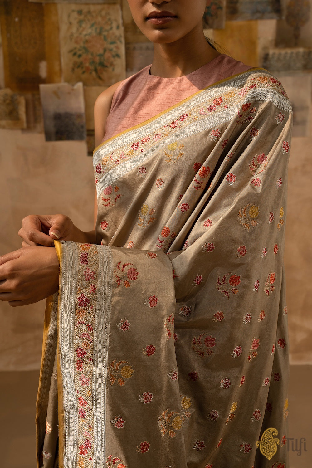 &#39;Malini&#39; Taupe Grey Pure Katan Silk Banarasi Handloom Saree
