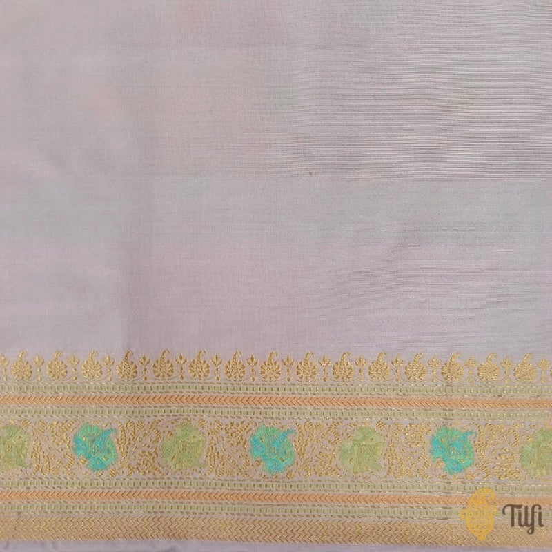 &#39;Chitragandha&#39; Light Pink-Firozi Blue Pure Katan Silk Banarasi Handloom Saree
