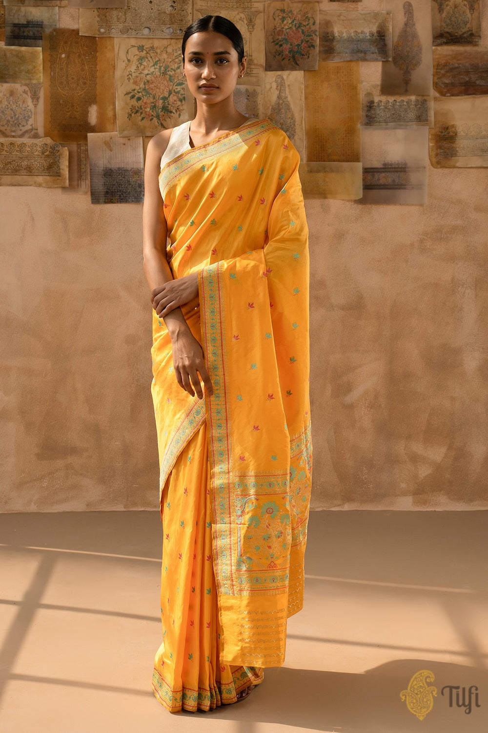 &#39;Mayuri&#39; Yellow Pure Katan Silk Banarasi Handloom Saree