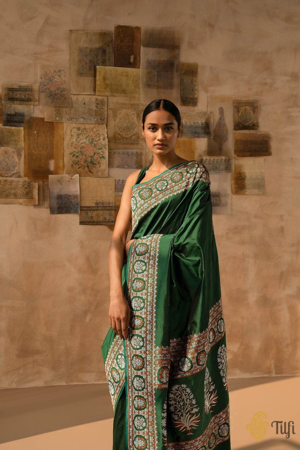 &#39;Mohini&#39; Bottle Green Pure Katan Silk Banarasi Handloom Saree