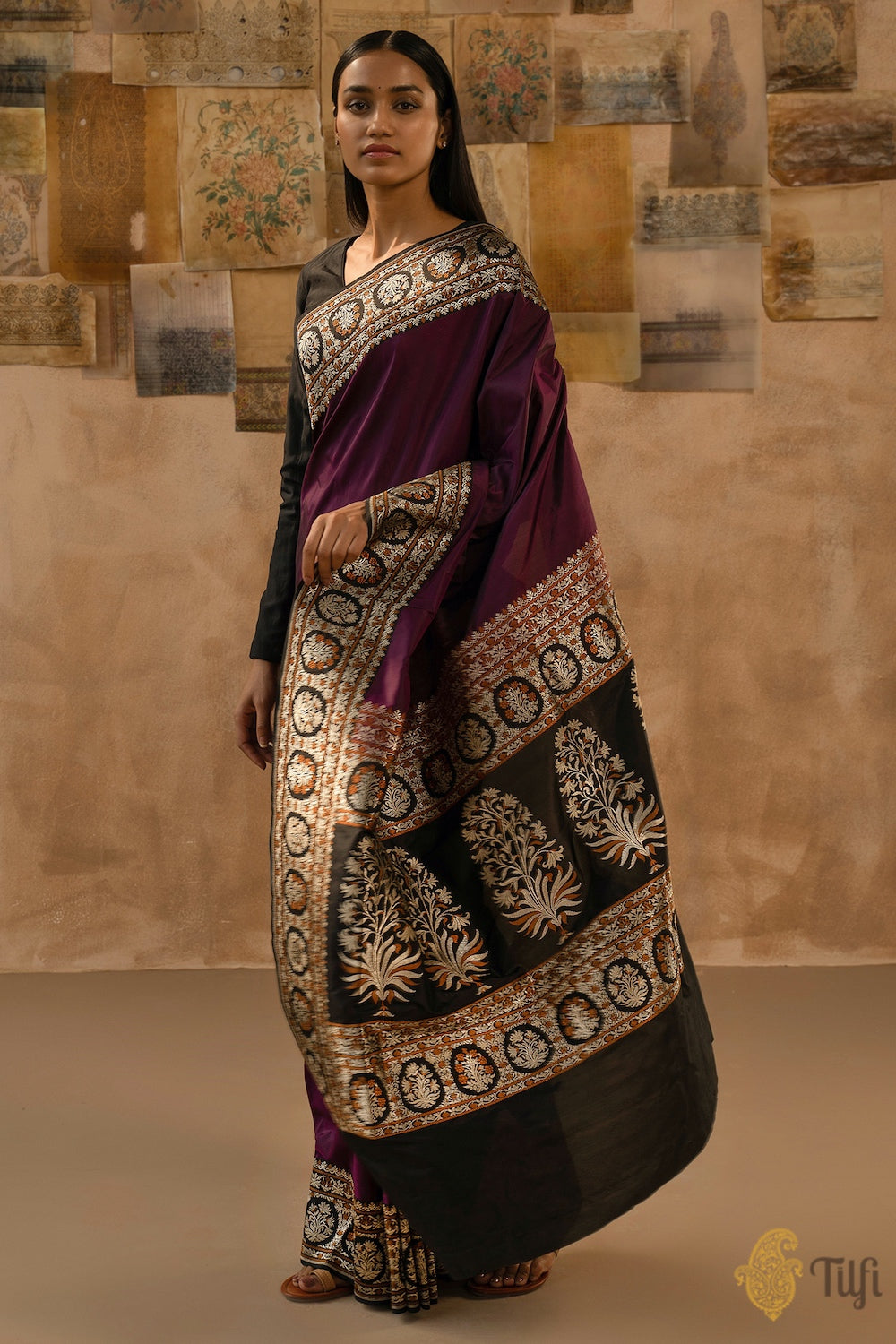 &#39;Mohini&#39; Black-Magenta Pure Katan Silk Banarasi Handloom Saree