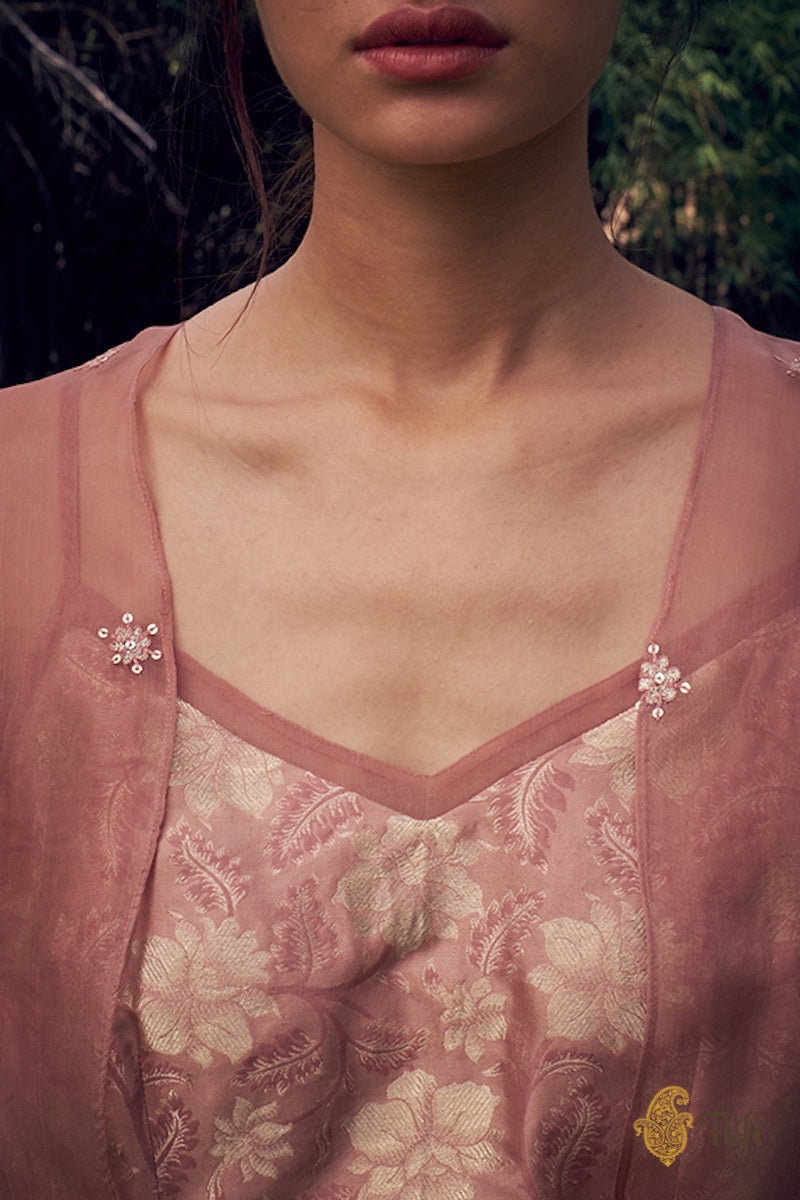 Old Rose Pink Pure Katan Silk Handwoven Dress &amp; Organza Overlay