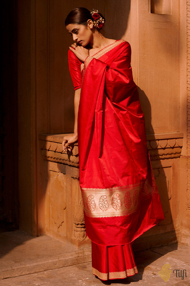 &#39;Sindhoora&#39; Red Pure Soft Satin Silk Banarasi Handloom Saree