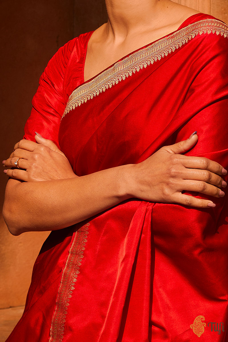 &#39;Sindhoora&#39; Red Pure Soft Satin Silk Banarasi Handloom Saree