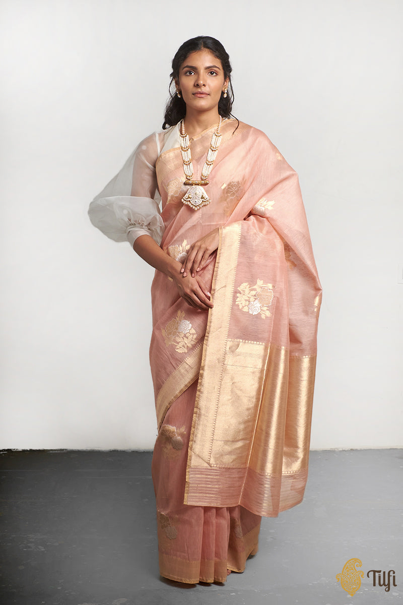 Soft Pink Pure Kora Linen Banarasi Handloom Saree