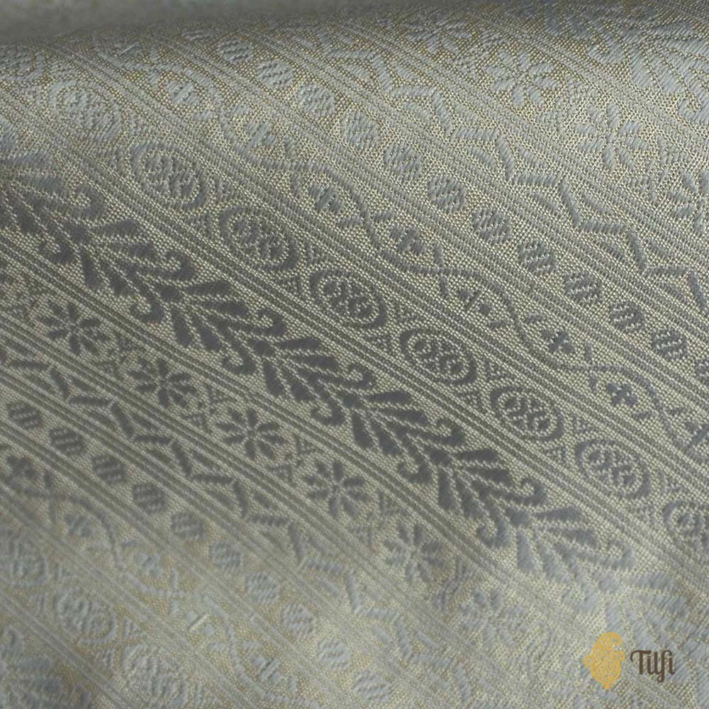 Silver-Gray Pure Katan Silk Tissue Banarasi Handloom Fabric