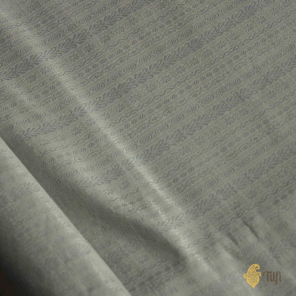Silver-Gray Pure Katan Silk Tissue Banarasi Handloom Fabric