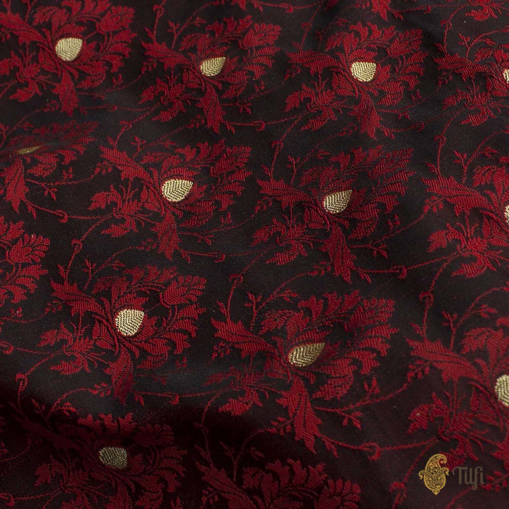 Black-Maroon Pure Soft Satin Silk Banarasi Handloom Fabric