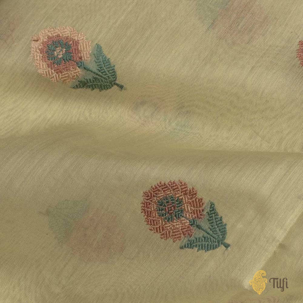 Beige Pure Kora Silk by Cotton Banarasi Handloom Fabric