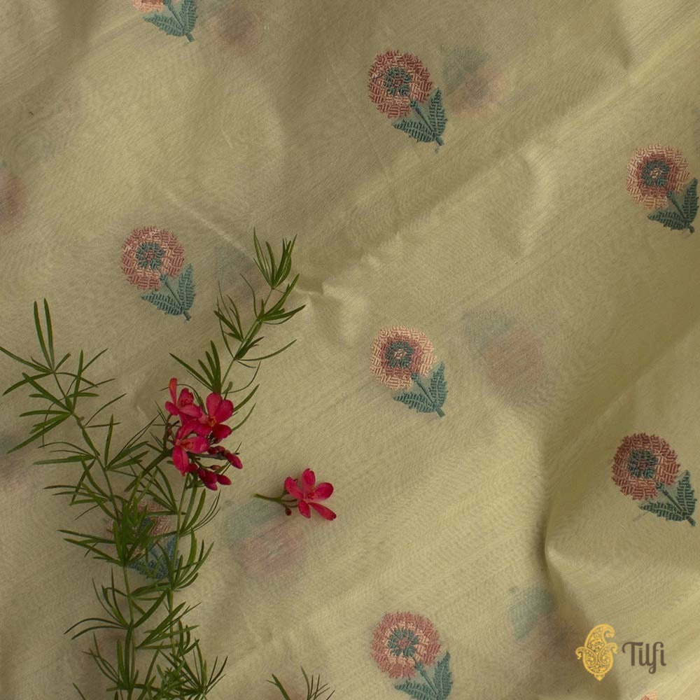 Beige Pure Kora Silk by Cotton Banarasi Handloom Fabric