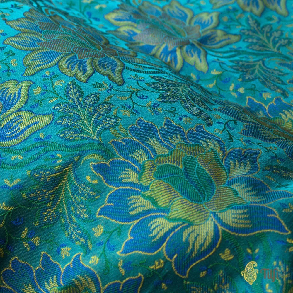 Aqua Blue Pure Soft Satin Silk Banarasi Handloom Fabric