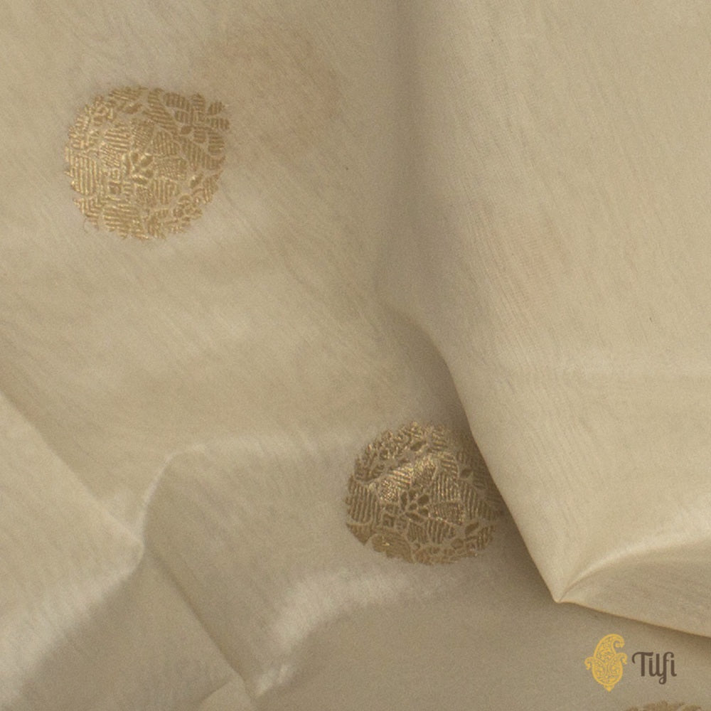 White Pure Kora Silk by Cotton Banarasi Handloom Fabric