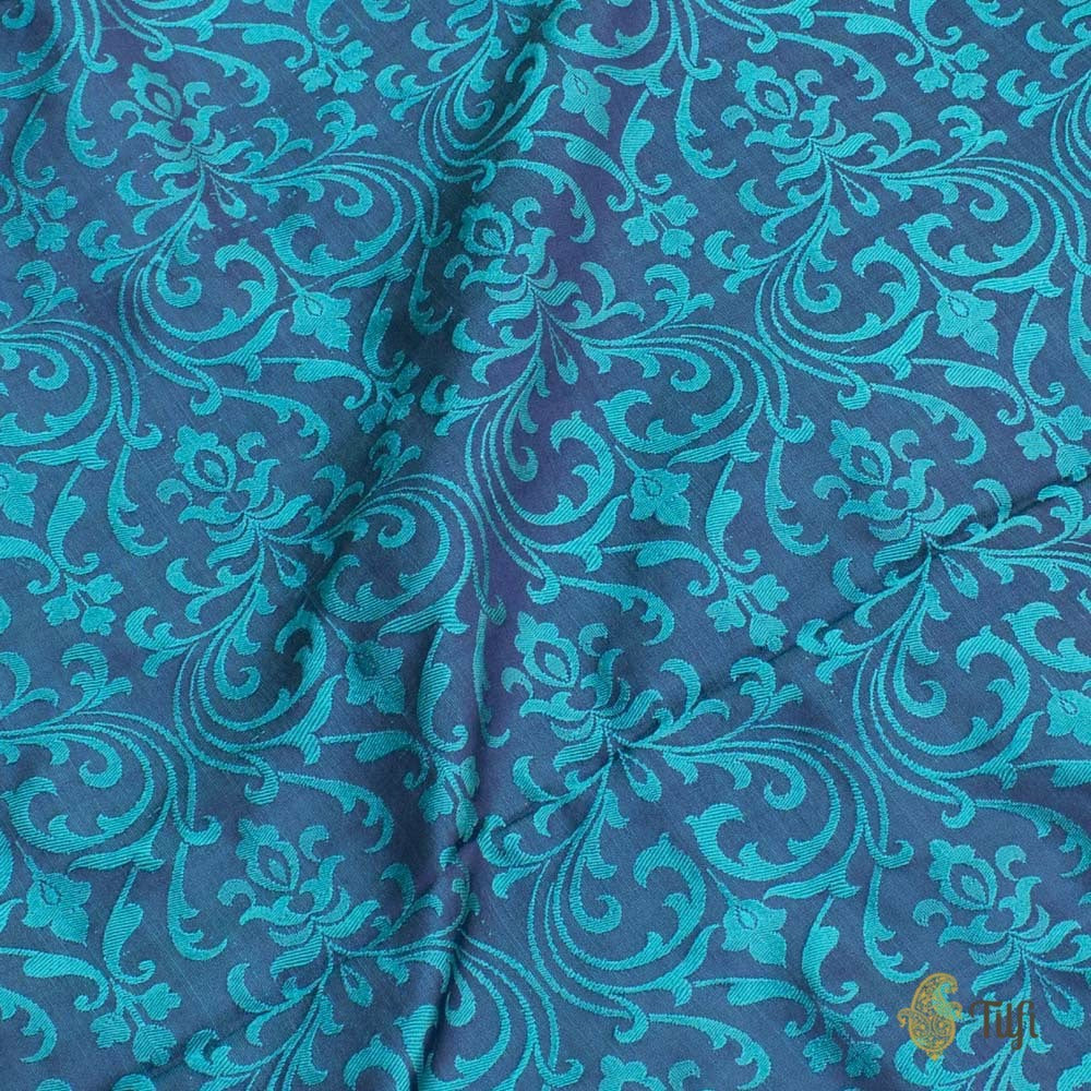 Navy Blue-Teal Pure Katan Silk Banarasi Handloom Fabric