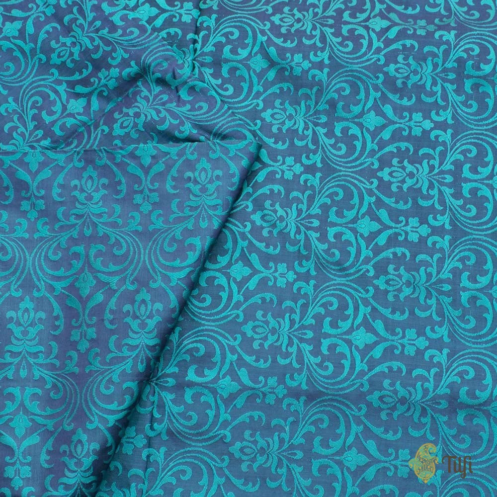 Navy Blue-Teal Pure Katan Silk Banarasi Handloom Fabric