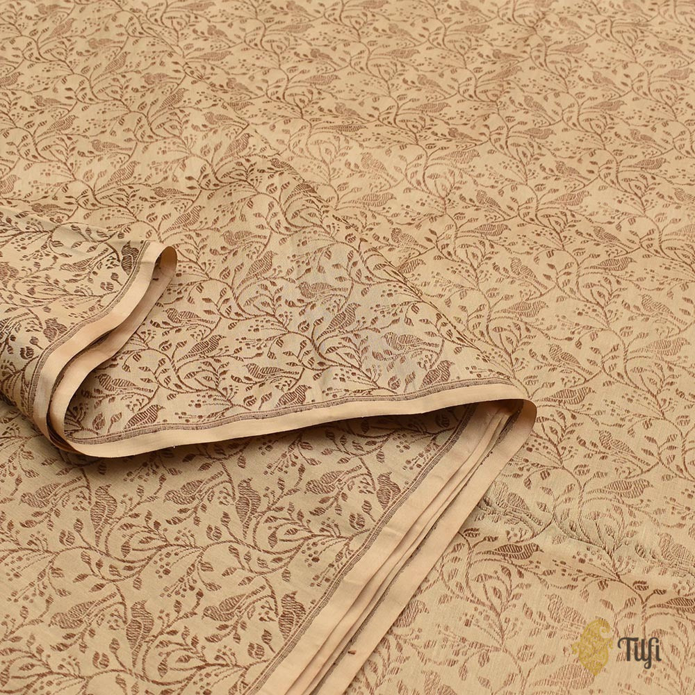 Beige Pure Katan Silk Bird Jaal Banarasi Handloom Fabric