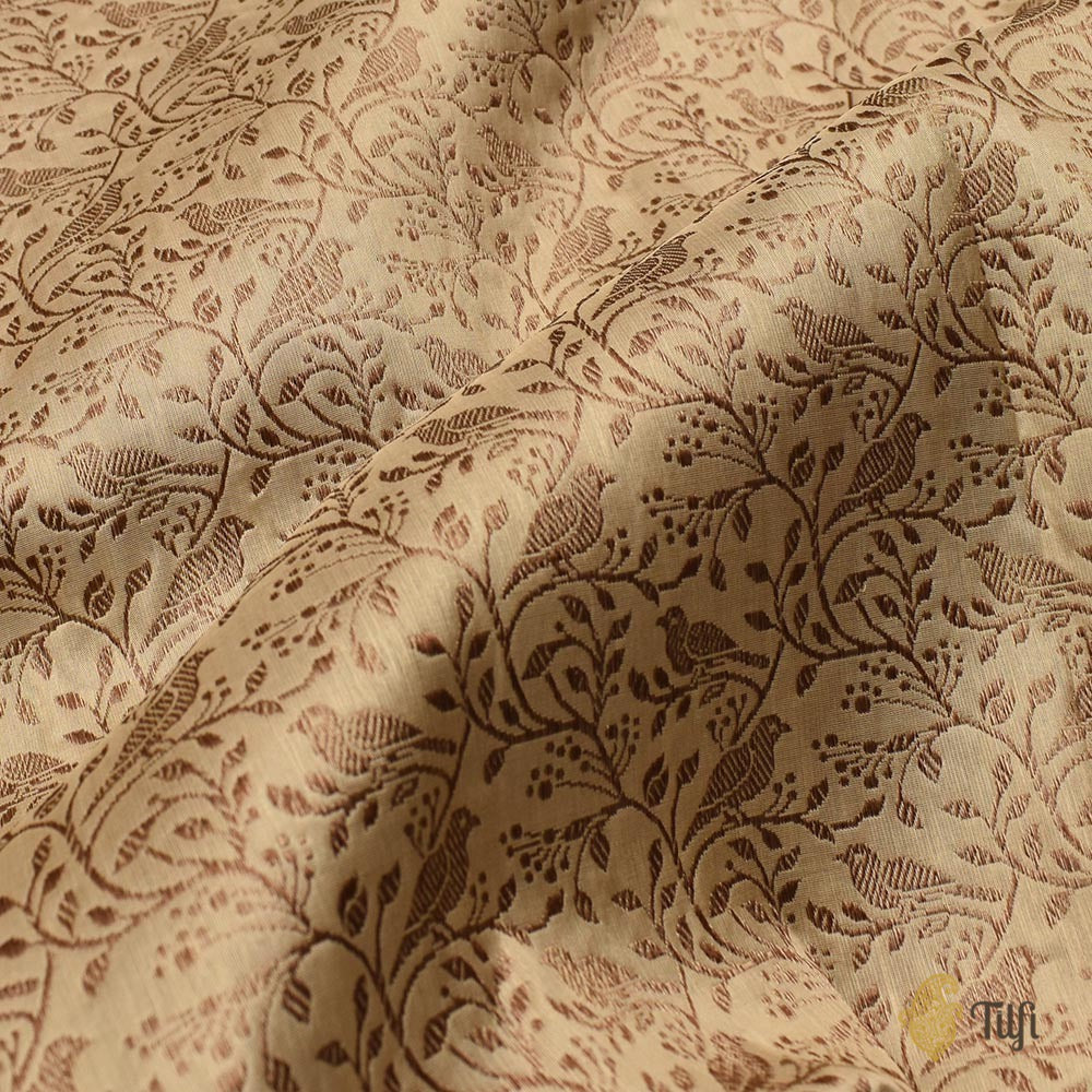 Beige Pure Katan Silk Bird Jaal Banarasi Handloom Fabric