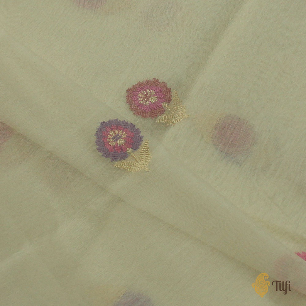 Off-White Pure Kora Silk by Cotton Banarasi Handloom Fabric