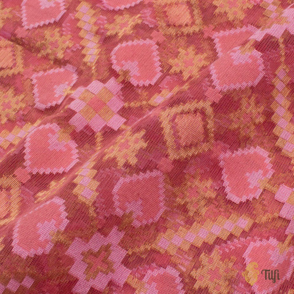 Coral Pink Pure Kora Net Banarasi Handloom Patola Fabric