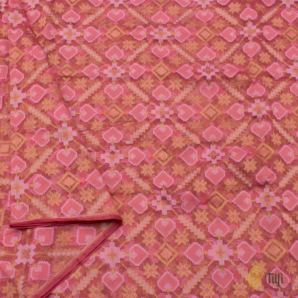 Coral Pink Pure Kora Net Banarasi Handloom Patola Fabric