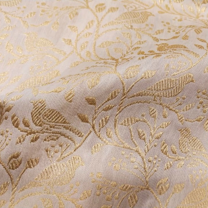 White-Gold Pure Katan Silk Banarasi Handloom Fabric