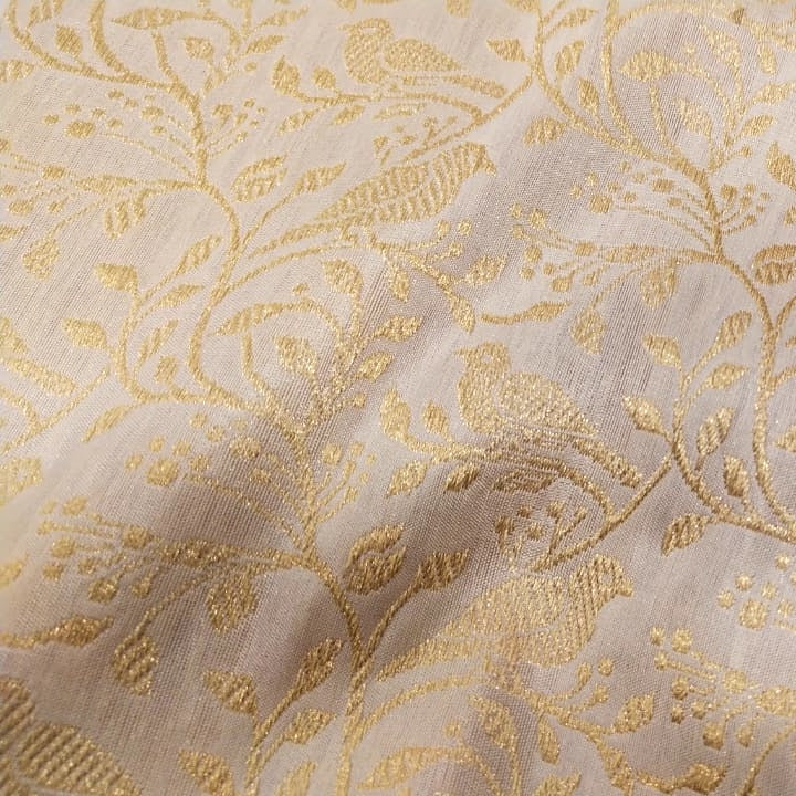 White-Gold Pure Katan Silk Banarasi Handloom Fabric