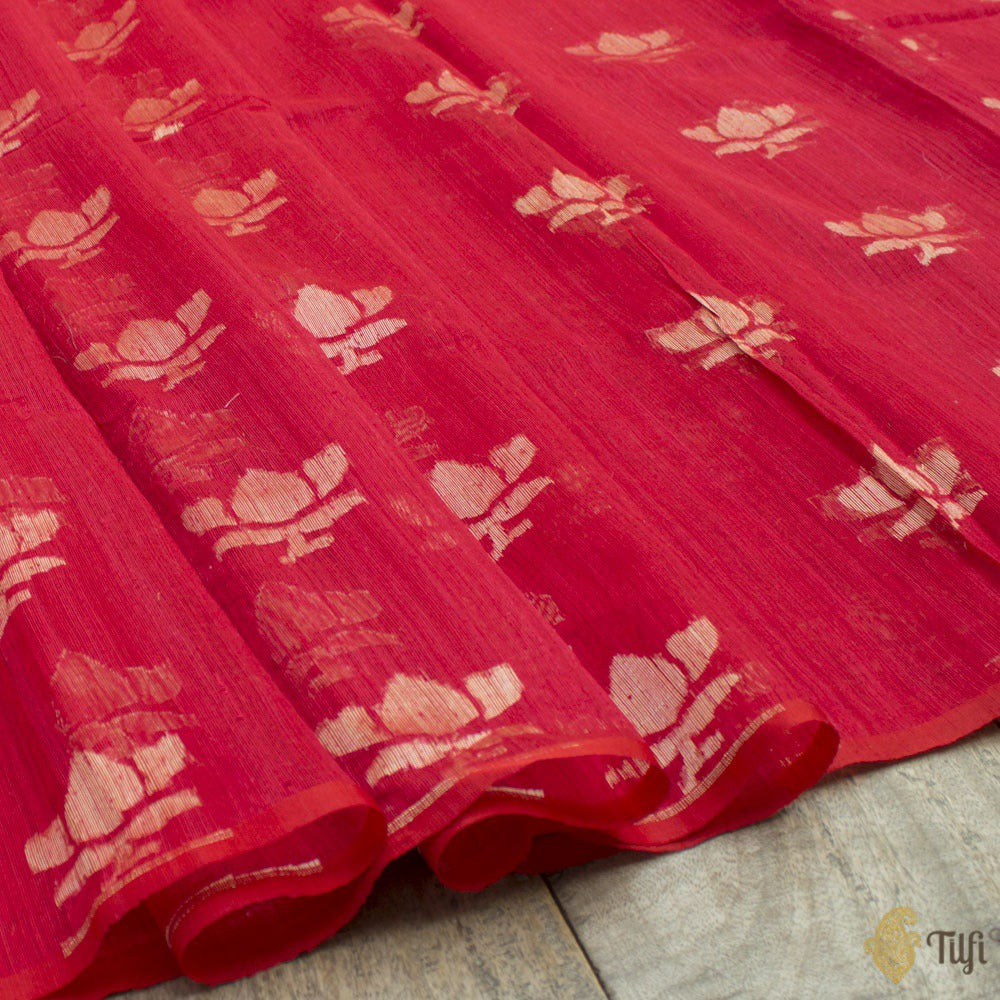 Red Pure Kora Net Dupion Silk Banarasi Handloom Fabric